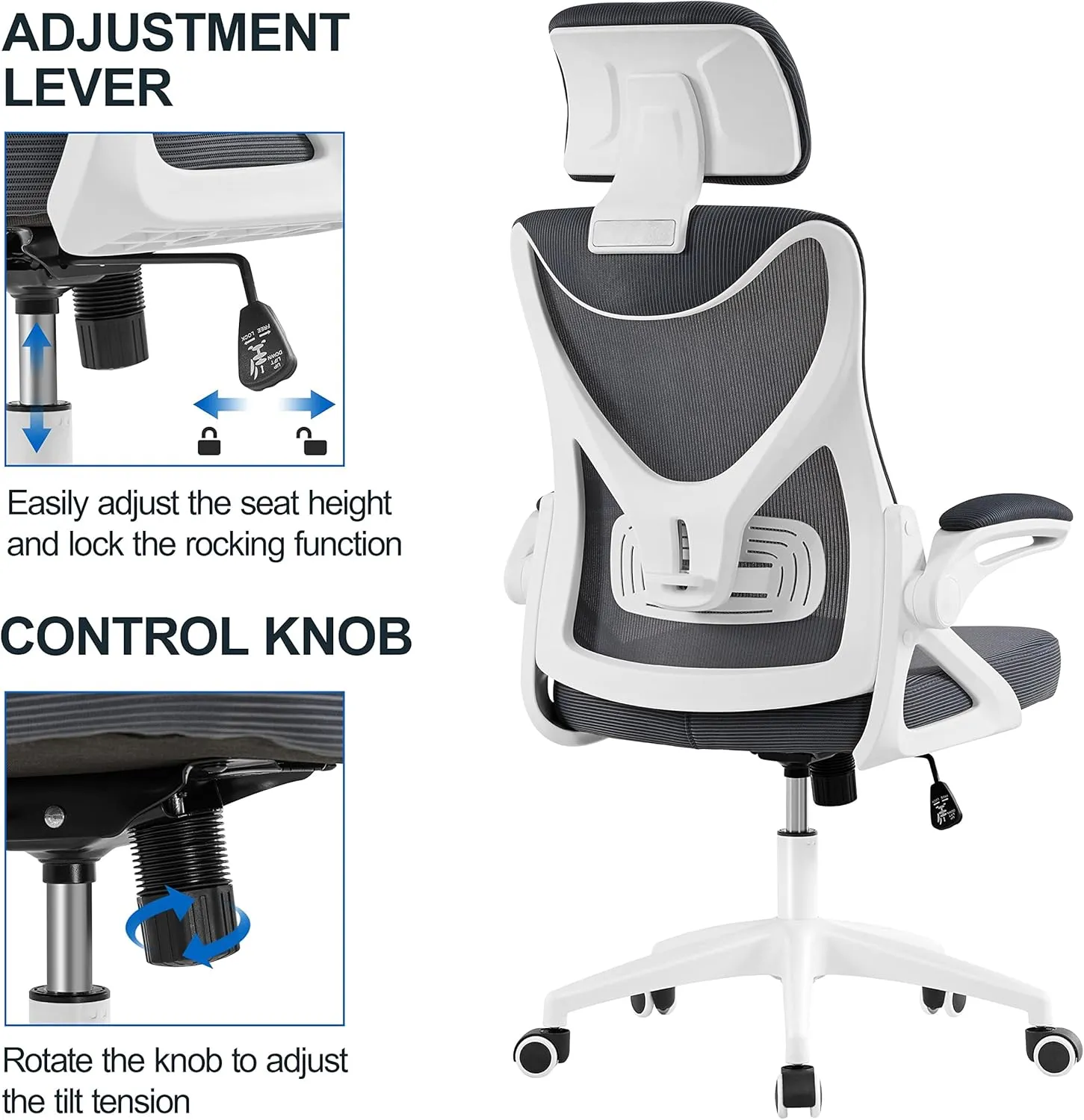 Yaheetech Ergonomic Mesh Office Chair, High Back Desk Chair with flip-up Armrests, Adjustable Padded Headrest Lumbar Support for Home Oiffce Game Room, White/Gray