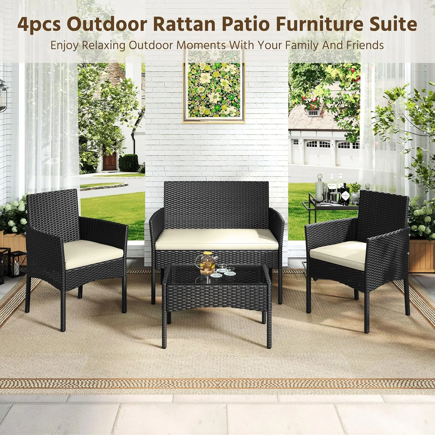 Yaheetech Patio Furniture Set 4 Pieces Conversation Sets, Rattan Chair Wicker Set Loveseat with Soft Cushion and Glass Table for Backyard Porch Garden Poolside Balcony, Black and Beige