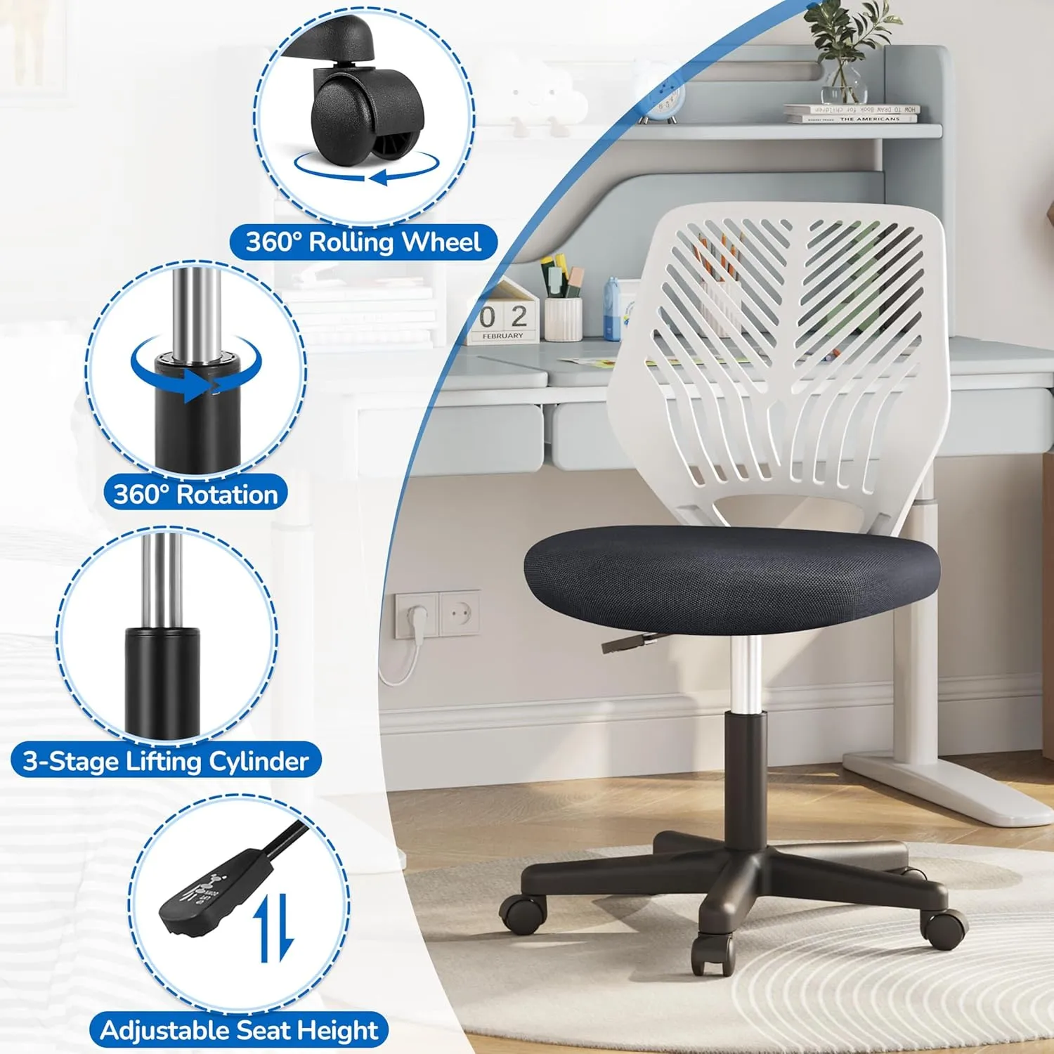 Yaheetech Students Cute Desk Chair Low-Back Armless Study Chair w/Lumbar Support Adjustable Swivel Chair in Home Bedroom School, Dark Gray