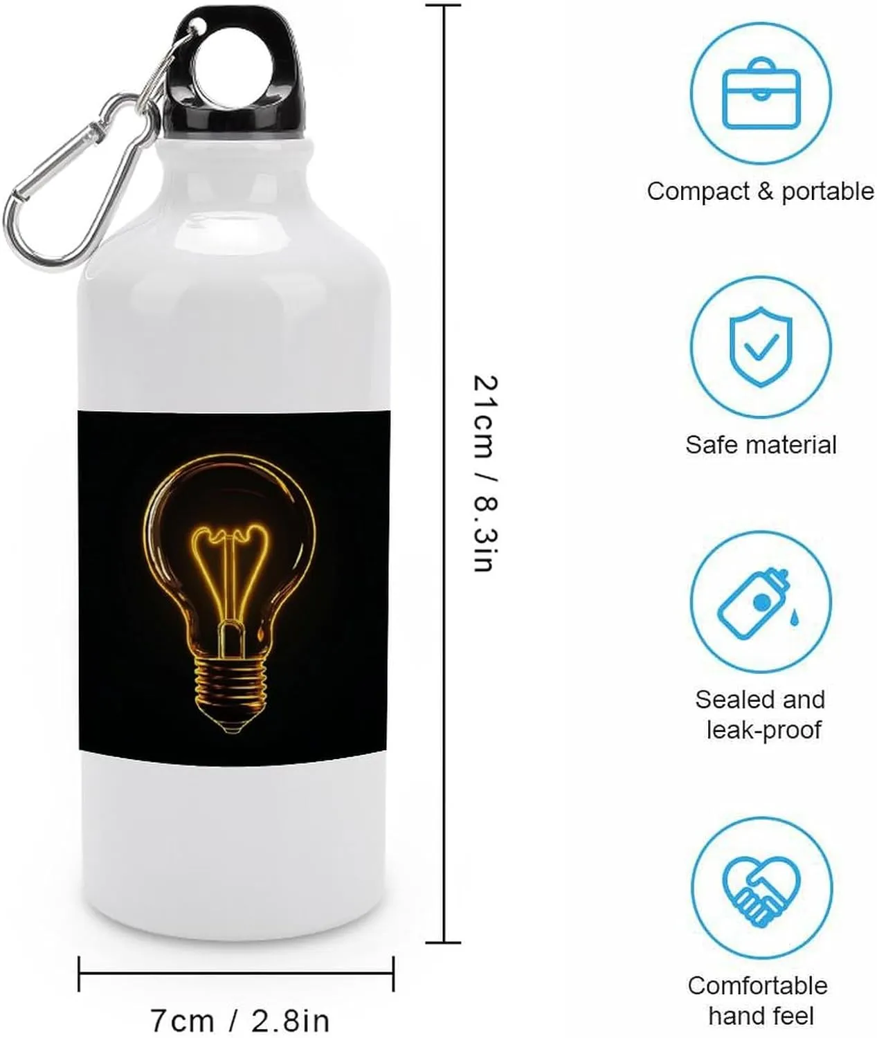 Yellow Glowing Lightbulb Travel Aluminum Water Bottle,minimal Sport Bottle with Twist Cap Buckle for Men Women Camping Hiking 600ml