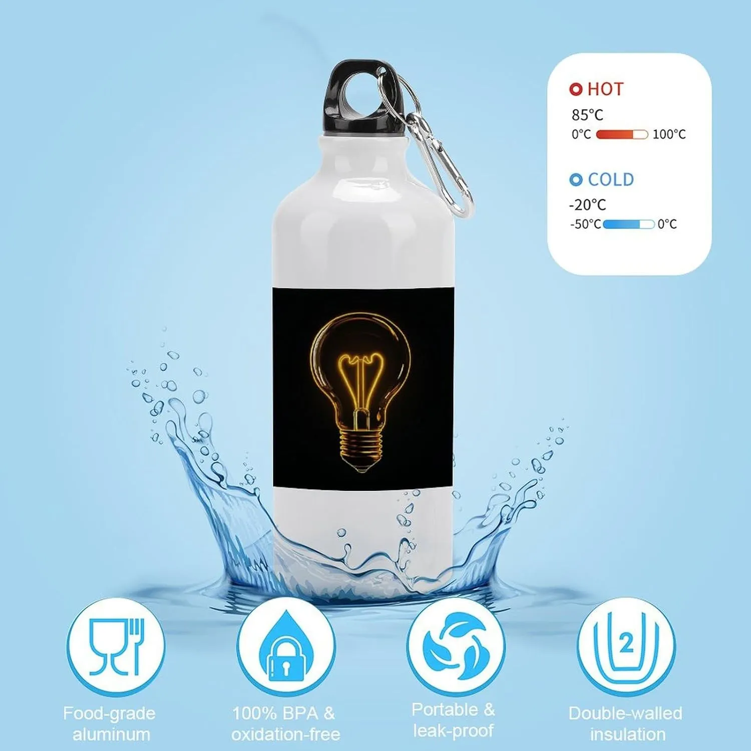 Yellow Glowing Lightbulb Travel Aluminum Water Bottle,minimal Sport Bottle with Twist Cap Buckle for Men Women Camping Hiking 600ml