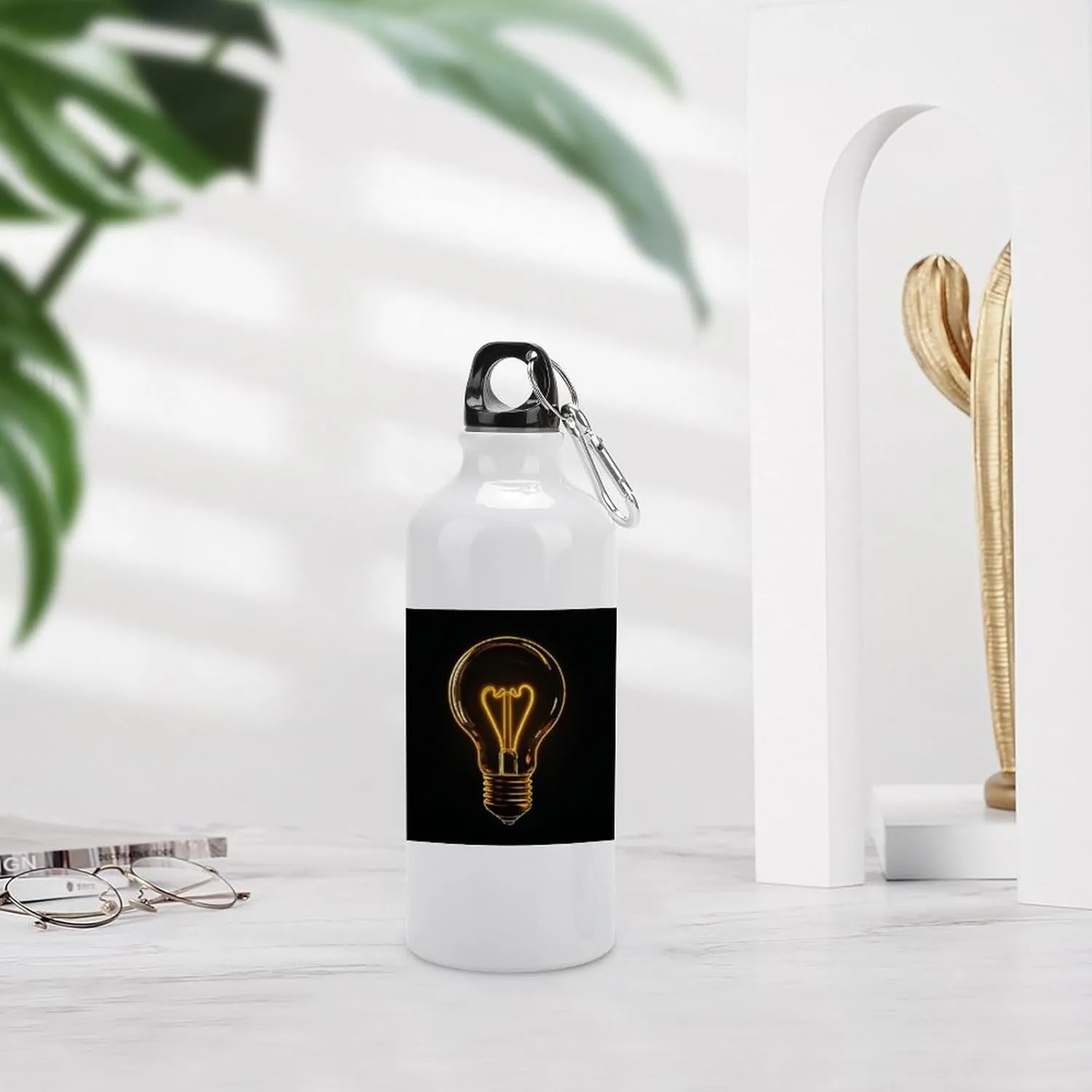 Yellow Glowing Lightbulb Travel Aluminum Water Bottle,minimal Sport Bottle with Twist Cap Buckle for Men Women Camping Hiking 600ml
