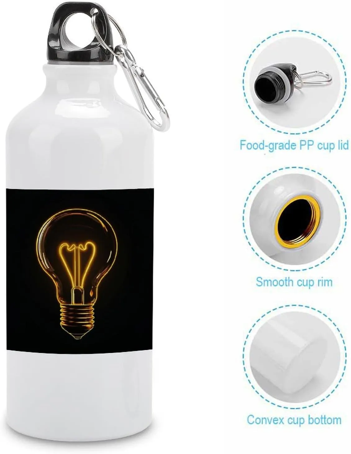 Yellow Glowing Lightbulb Travel Aluminum Water Bottle,minimal Sport Bottle with Twist Cap Buckle for Men Women Camping Hiking 600ml