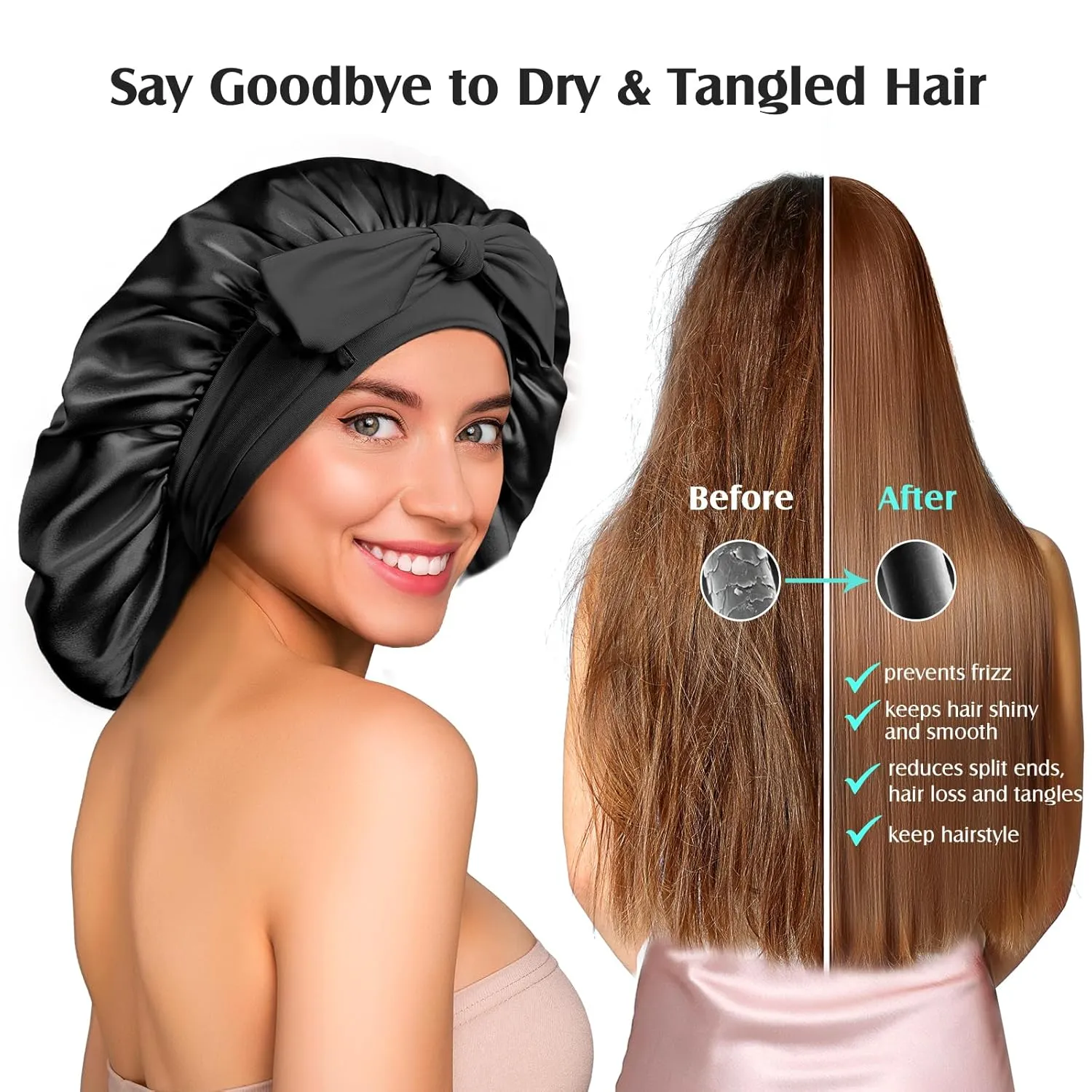 YFONG 100% 22 Momme Mulberry Silk Bonnet for Sleeping Women, Larger Double Layer Silk Hair Wrap for Curly Short Long Hair, Non-Slip Sleep Cap Turban with Elastic Tie Band for Hair Care, Black