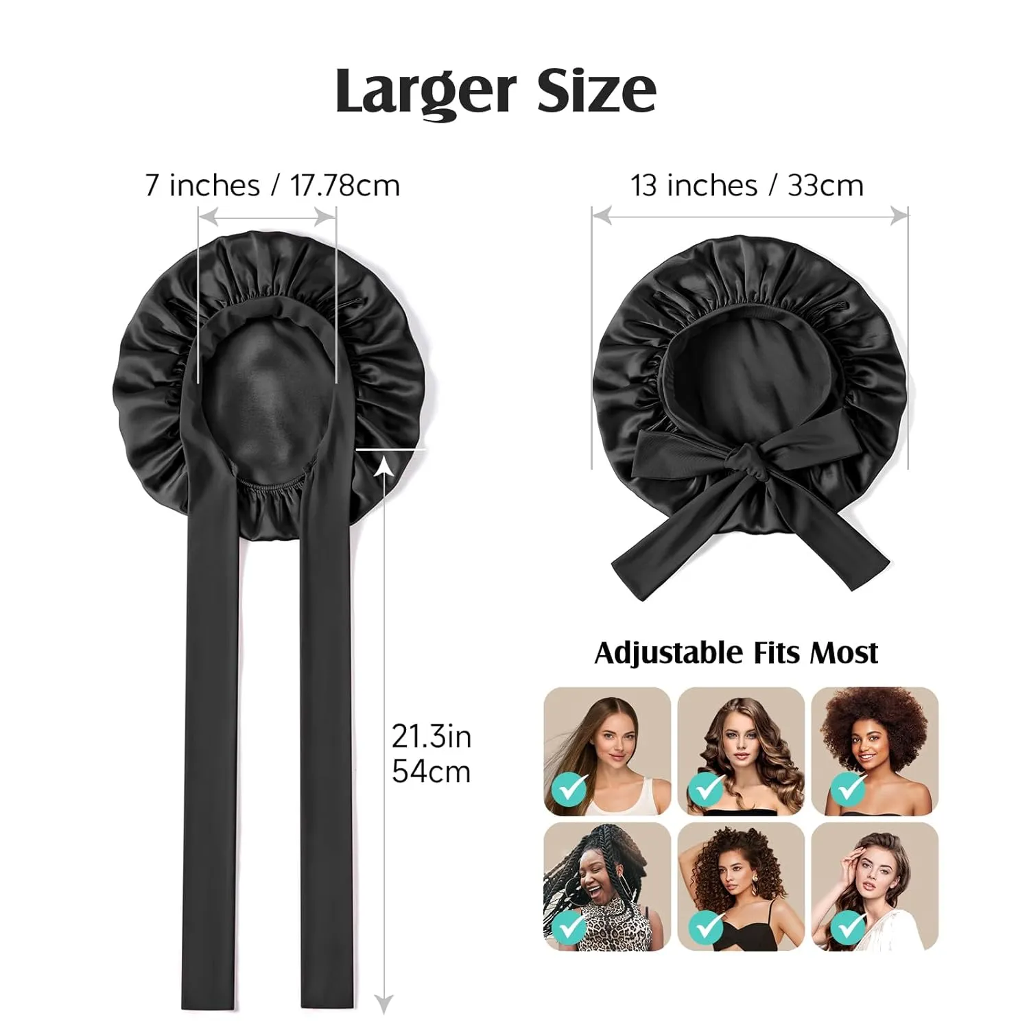 YFONG 100% 22 Momme Mulberry Silk Bonnet for Sleeping Women, Larger Double Layer Silk Hair Wrap for Curly Short Long Hair, Non-Slip Sleep Cap Turban with Elastic Tie Band for Hair Care, Black