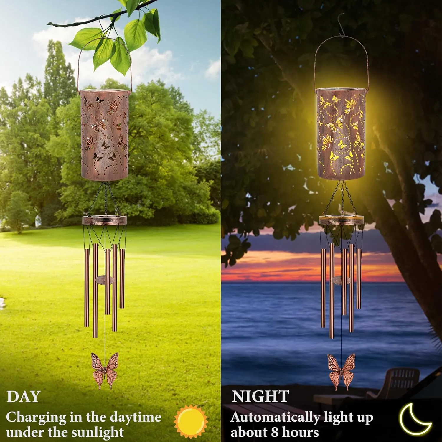 YHmall Butterfly Wind Chimes for Outside, 35'' Solar Wind Chimes Butterfly Gifts for Women Grandma Mom Solar Lanterns Memorial WindChimes Outdoors for Garden Christmas Decor