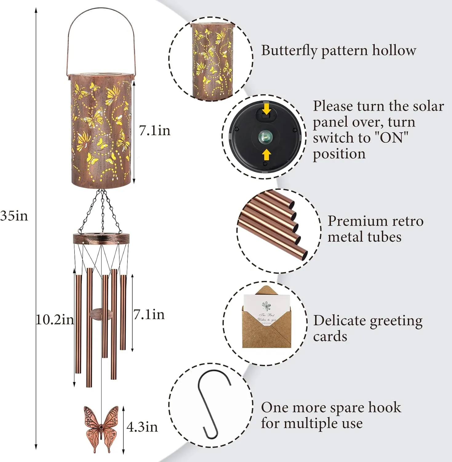 YHmall Butterfly Wind Chimes for Outside, 35'' Solar Wind Chimes Butterfly Gifts for Women Grandma Mom Solar Lanterns Memorial WindChimes Outdoors for Garden Christmas Decor