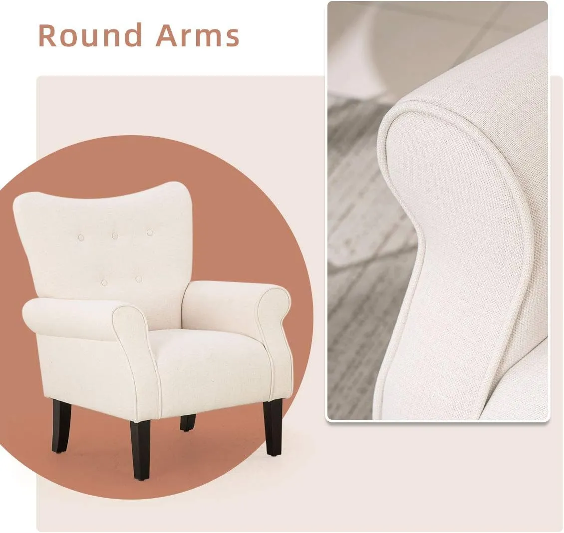 YOLENY Modern Accent Chair,High Back Armchair,Upholstered Fabric Button Single Sofa with Wooden Legs for Living Room,Bedroom,Club,Beige