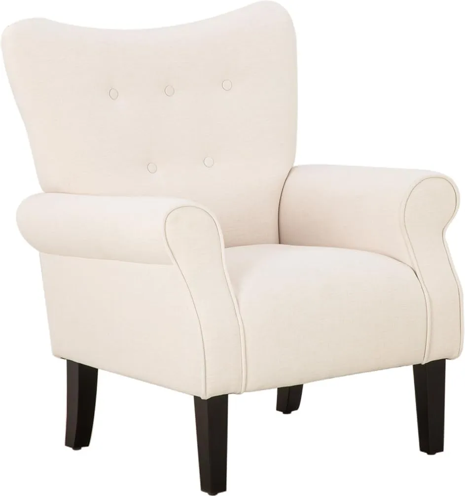 YOLENY Modern Accent Chair,High Back Armchair,Upholstered Fabric Button Single Sofa with Wooden Legs for Living Room,Bedroom,Club,Beige