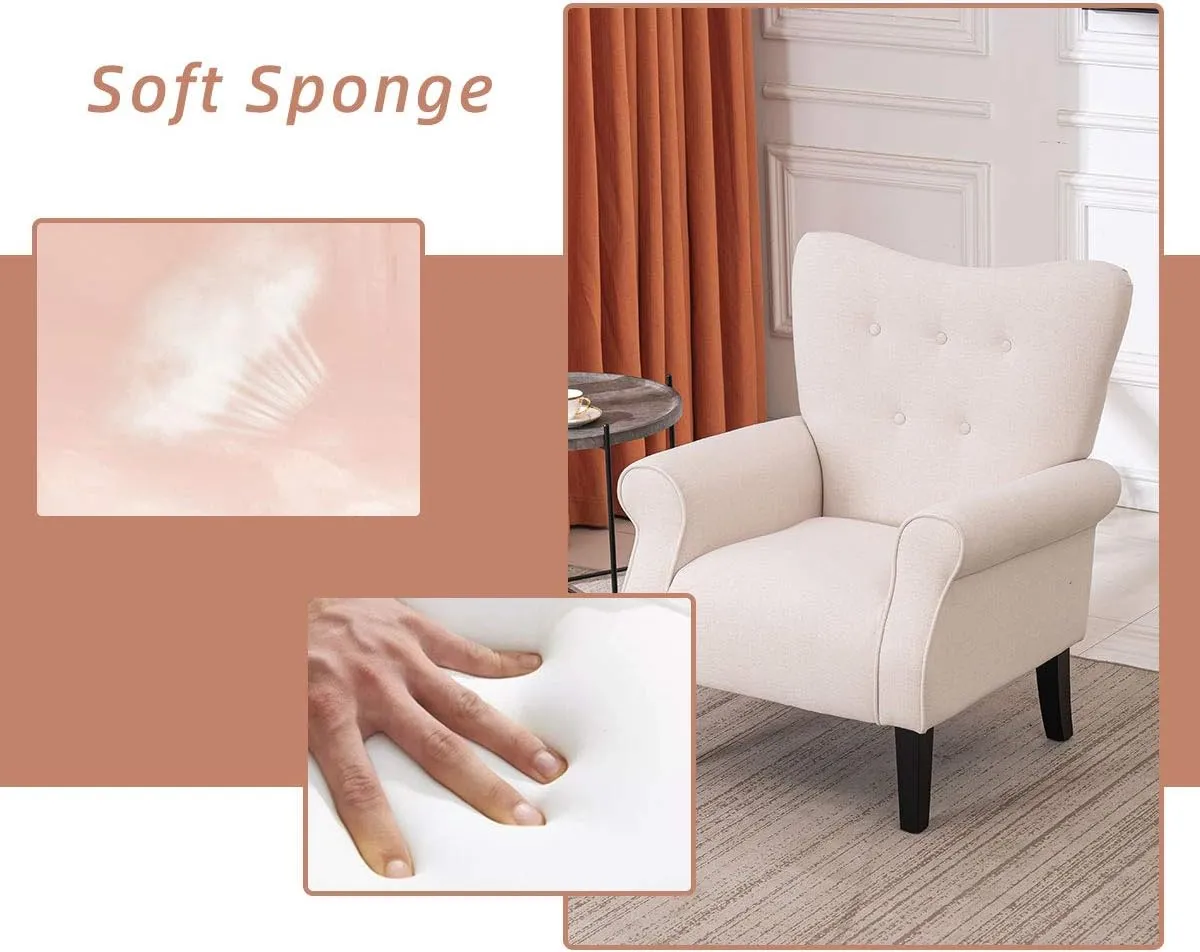YOLENY Modern Accent Chair,High Back Armchair,Upholstered Fabric Button Single Sofa with Wooden Legs for Living Room,Bedroom,Club,Beige