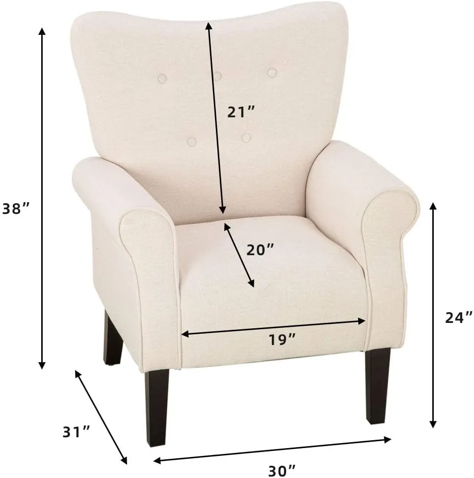 YOLENY Modern Accent Chair,High Back Armchair,Upholstered Fabric Button Single Sofa with Wooden Legs for Living Room,Bedroom,Club,Beige
