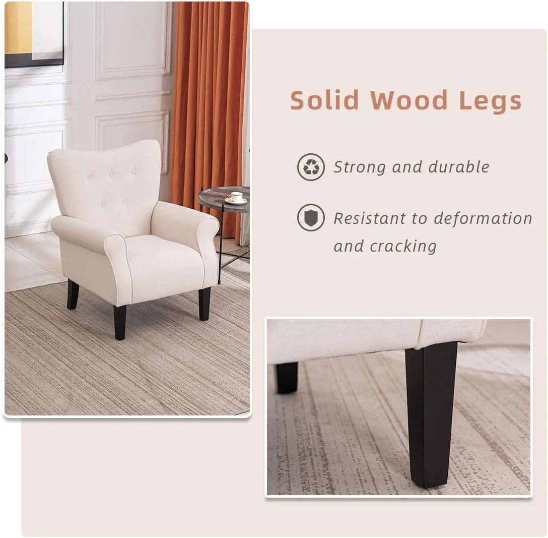 YOLENY Modern Accent Chair,High Back Armchair,Upholstered Fabric Button Single Sofa with Wooden Legs for Living Room,Bedroom,Club,Beige