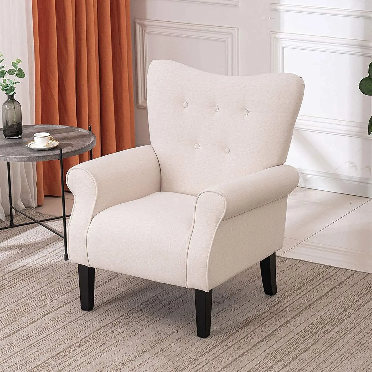 YOLENY Modern Accent Chair,High Back Armchair,Upholstered Fabric Button Single Sofa with Wooden Legs for Living Room,Bedroom,Club,Beige