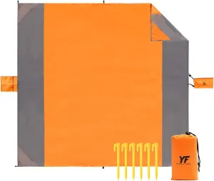 Yonge & Finch Large Beach Blanket Sandproof Heat-Resistent Beach Mat Machine Washable Camp Packable Pocket Blanket Waterproof Outdoor Blanket Fit 4-7 Persons 83 * 79inch Orange