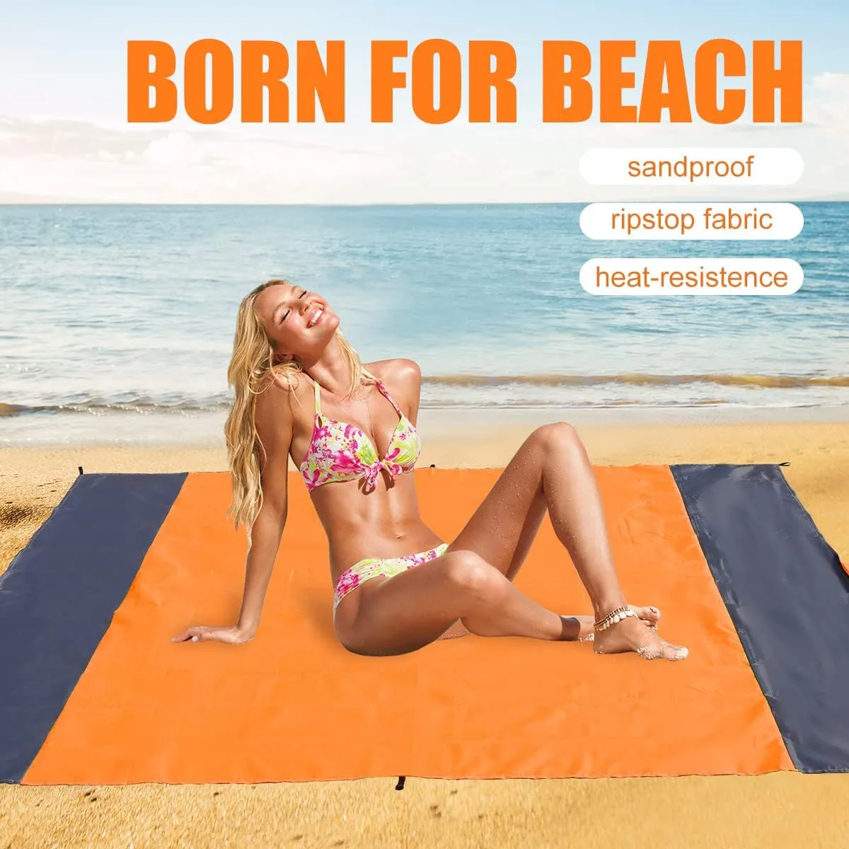 Yonge & Finch Large Beach Blanket Sandproof Heat-Resistent Beach Mat Machine Washable Camp Packable Pocket Blanket Waterproof Outdoor Blanket Fit 4-7 Persons 83 * 79inch Orange