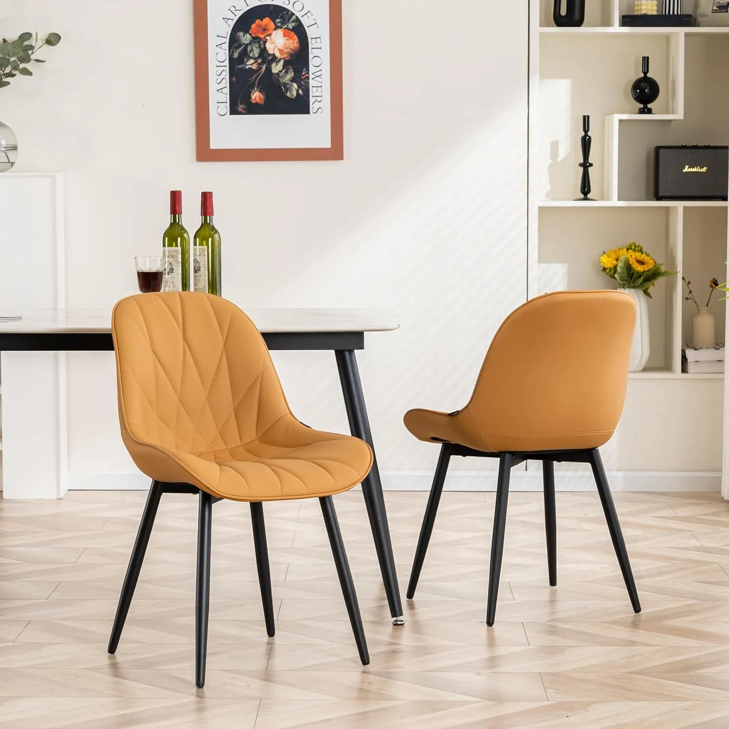YOUNIKE Dining Chairs Set of 2, Saffron Tan Comfy Padded Kitchen Chairs, Armless Modern Faux Leather Upholstered Dining Room Chairs, Elegant Side Chair, Loads up to 300LBS