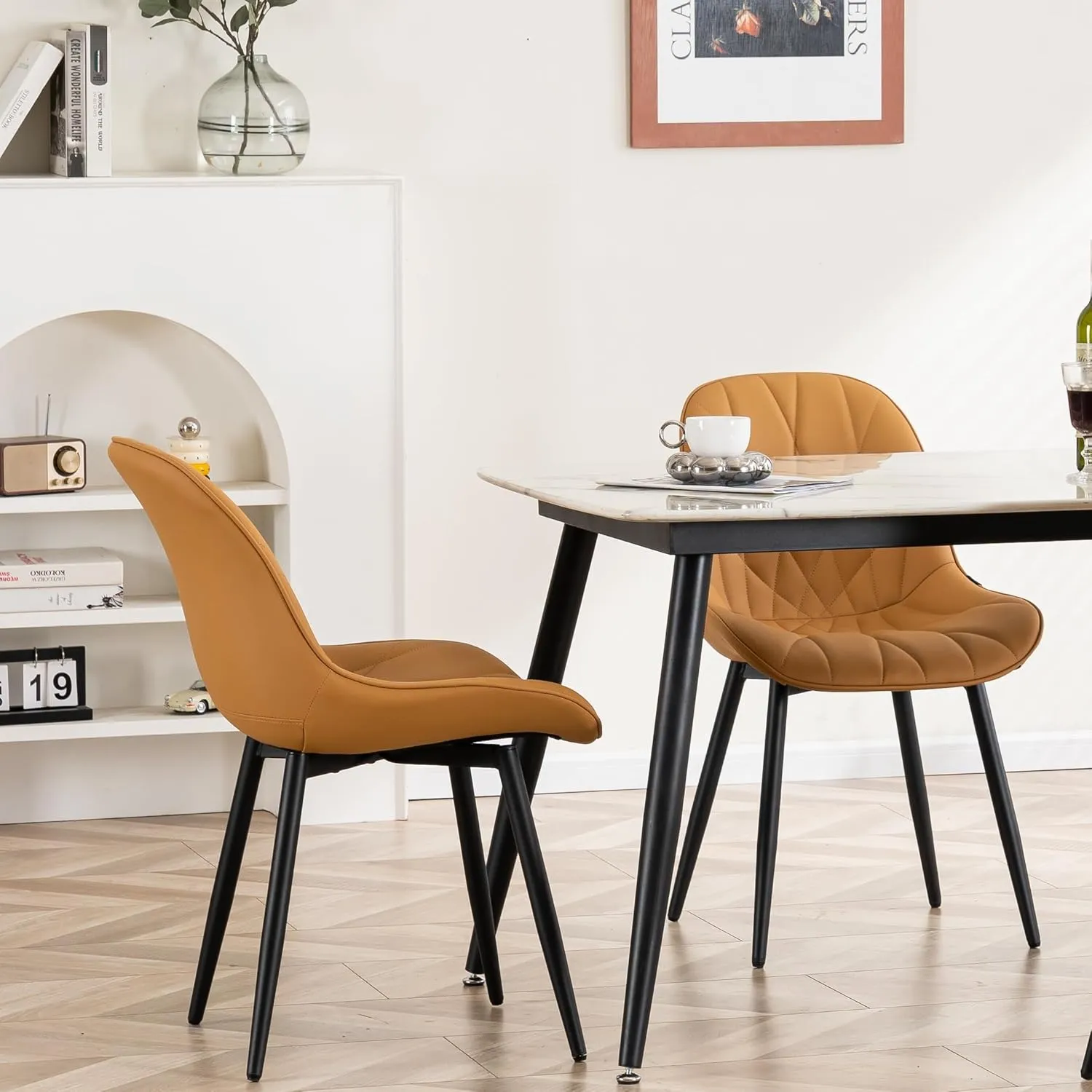 YOUNIKE Dining Chairs Set of 2, Saffron Tan Comfy Padded Kitchen Chairs, Armless Modern Faux Leather Upholstered Dining Room Chairs, Elegant Side Chair, Loads up to 300LBS