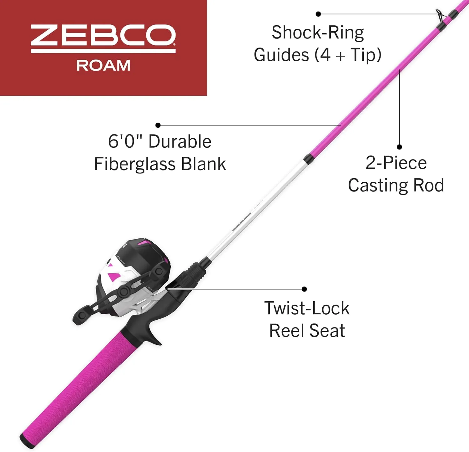 Zebco Roam Spincast Reel and Fishing Rod Combo, 6-Foot 2-Piece Fiberglass Fishing Pole with ComfortGrip Handle