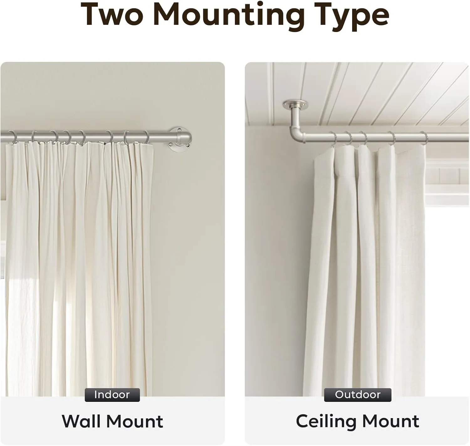Zeerobee Curtain Rods for Windows 48 to 84, 1 Inch Industrial Wrap Around Curtain Rod, Indoor/Outdoor Room Divider Adjustable Drapery Pole, 48"-86", Brushed Nickel