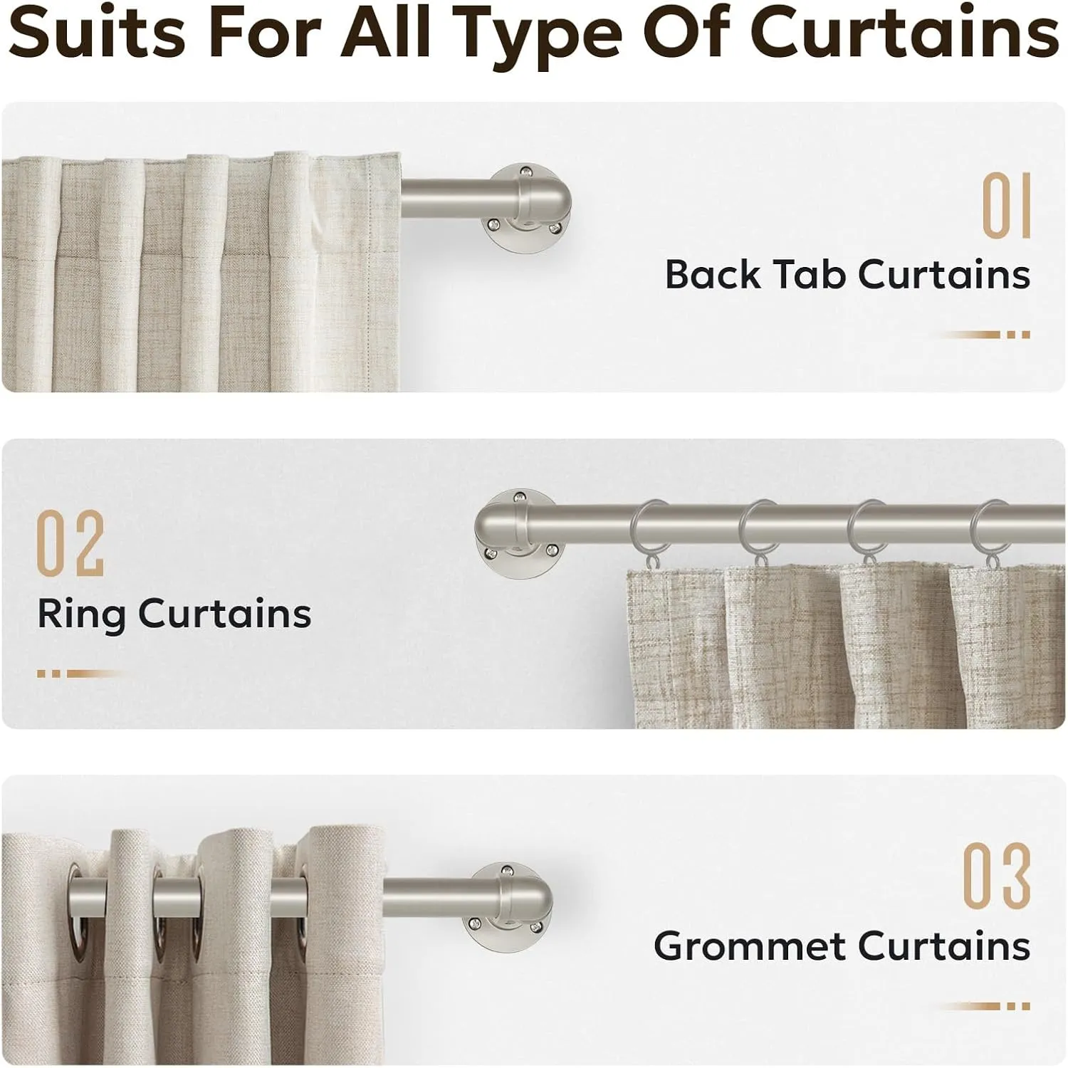 Zeerobee Curtain Rods for Windows 48 to 84, 1 Inch Industrial Wrap Around Curtain Rod, Indoor/Outdoor Room Divider Adjustable Drapery Pole, 48"-86", Brushed Nickel