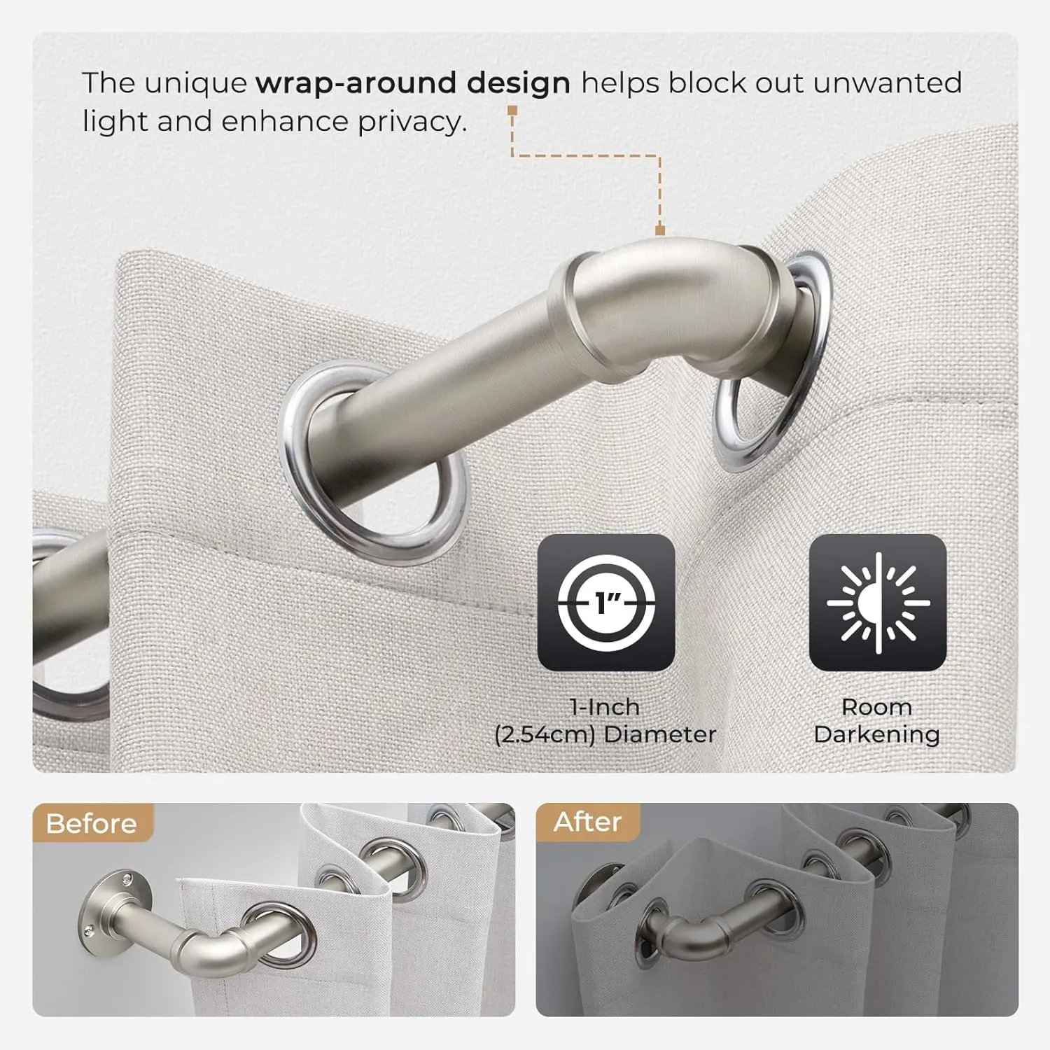 Zeerobee Curtain Rods for Windows 48 to 84, 1 Inch Industrial Wrap Around Curtain Rod, Indoor/Outdoor Room Divider Adjustable Drapery Pole, 48"-86", Brushed Nickel