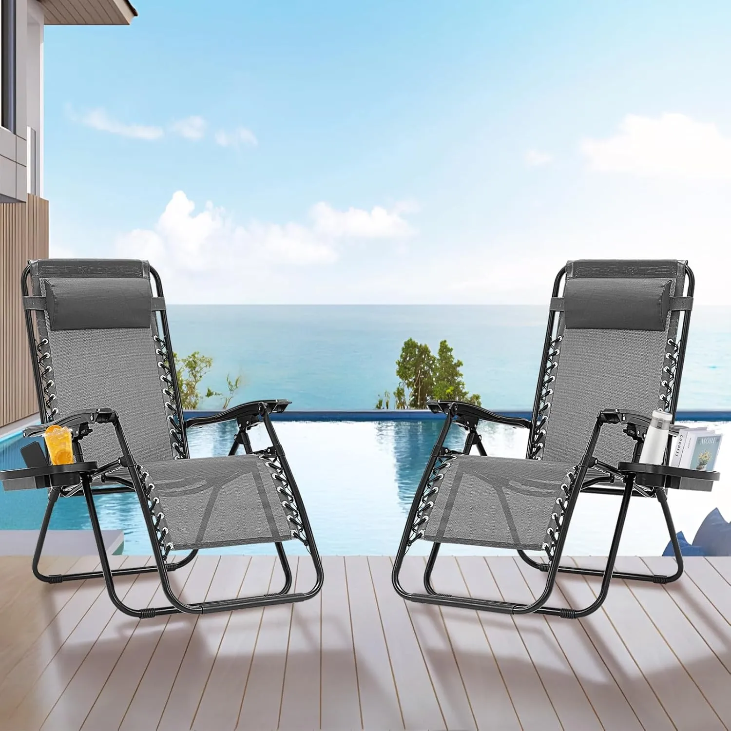 Zero Gravity Chair, Set of 2 Reclining Folding Outdoor Chairs with Adjustable Headrest & Cup Holder, 350lbs Capacity Anti-Gravity Loungers for Backyard, Patio, Lawn, Poolside (Ice Gray)