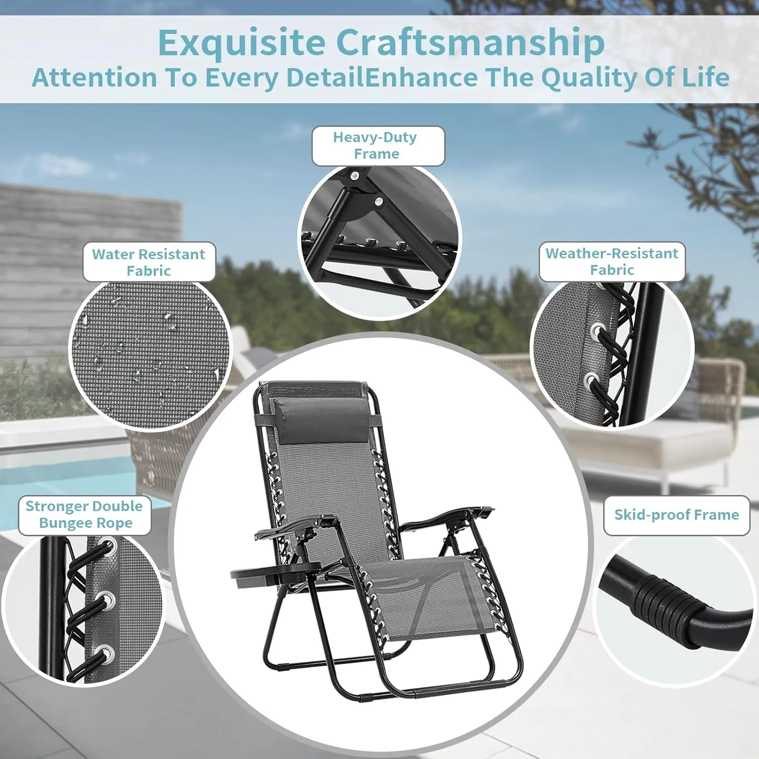 Zero Gravity Chair, Set of 2 Reclining Folding Outdoor Chairs with Adjustable Headrest & Cup Holder, 350lbs Capacity Anti-Gravity Loungers for Backyard, Patio, Lawn, Poolside (Ice Gray)