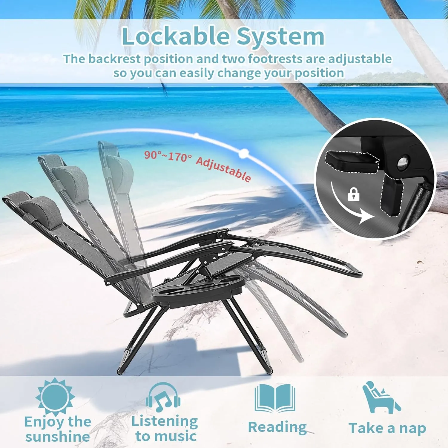 Zero Gravity Chair, Set of 2 Reclining Folding Outdoor Chairs with Adjustable Headrest & Cup Holder, 350lbs Capacity Anti-Gravity Loungers for Backyard, Patio, Lawn, Poolside (Ice Gray)