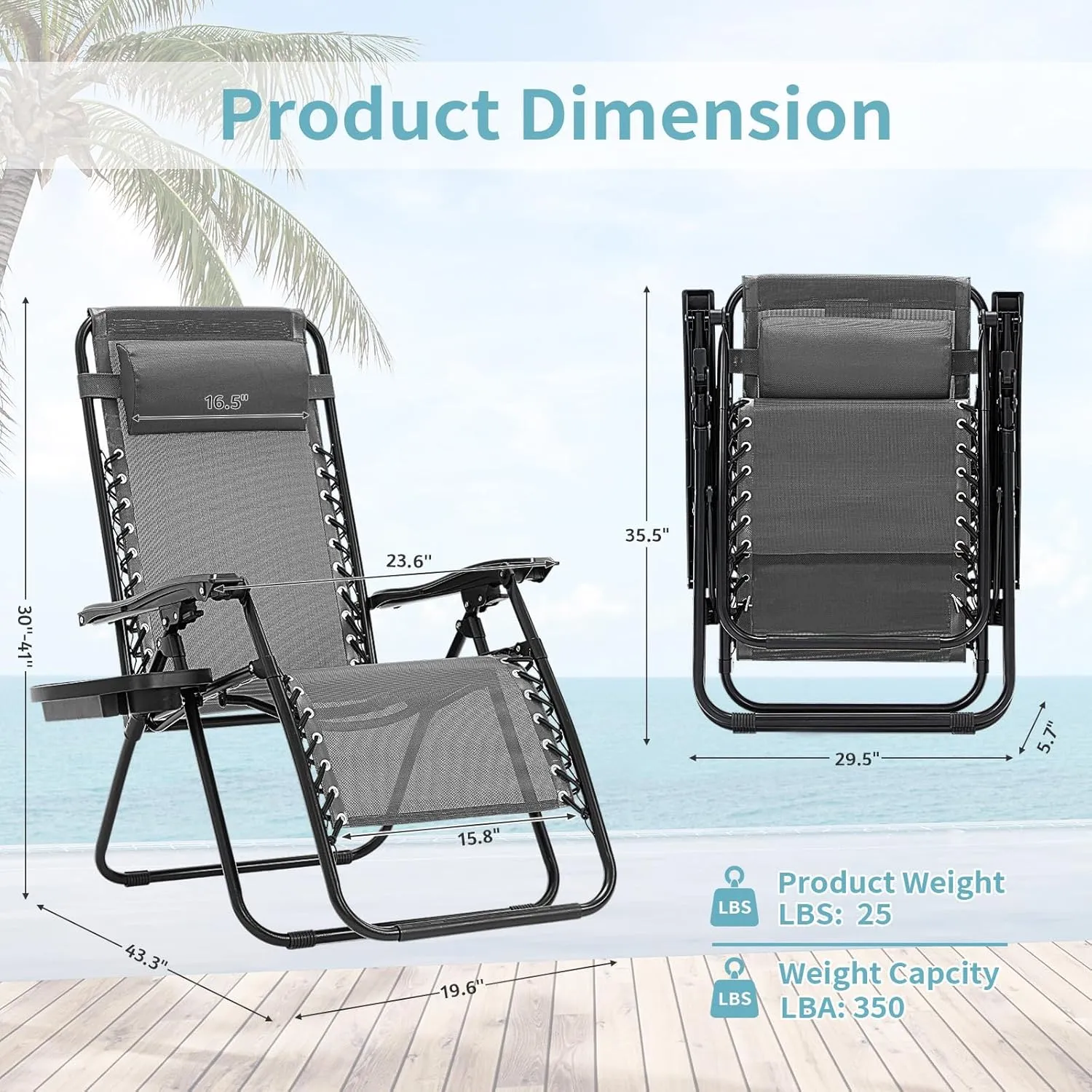 Zero Gravity Chair, Set of 2 Reclining Folding Outdoor Chairs with Adjustable Headrest & Cup Holder, 350lbs Capacity Anti-Gravity Loungers for Backyard, Patio, Lawn, Poolside (Ice Gray)