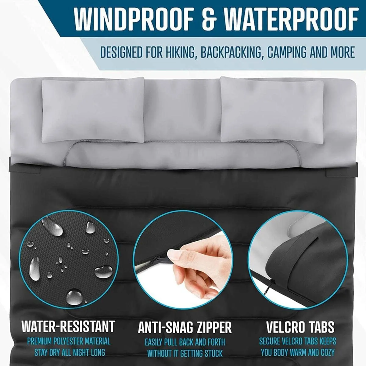 Zone Tech Double Camping Sleeping Bag with 2 Pillows – 3-4 Season Lightweight Waterproof Warm & Cool Weather Adult & Kids Sleeping Bag Converts into 2 Single -Camping, Hiking, & Outdoors